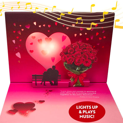 Pop Up Valentines Day Card Plays "Unchained Melody" - 3D Romantic Couple Scene with Roses & Glowing Heart Sunset - Musical Keepsake Gift For Your Sweetheart with Lights & Music (Cute Couple)