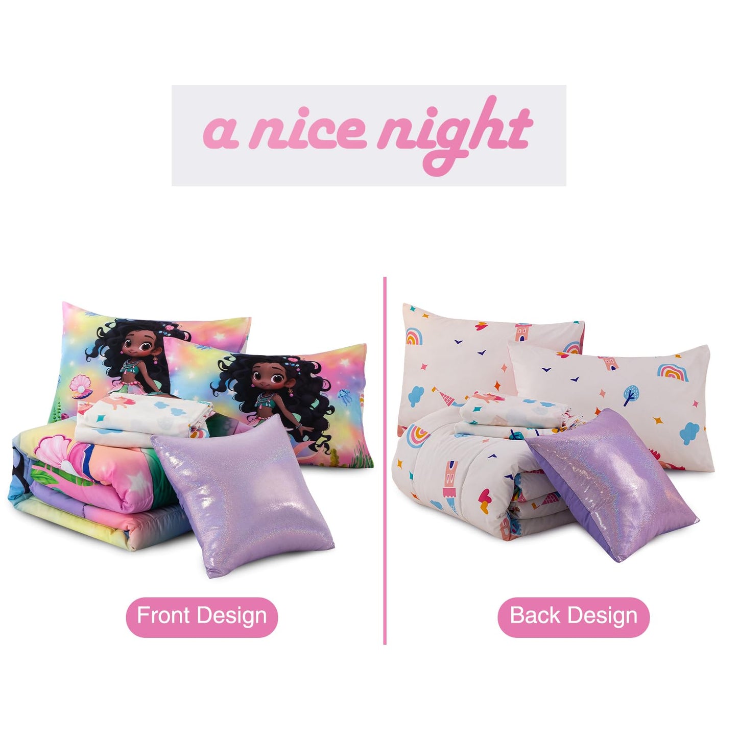 A Nice Night 6pcs Comforter Set,Black Girl Princess Mermaid with Green Tail Printed,Pink Gradient Glitter Rainbow Background Kids Bedding Set,Twin
