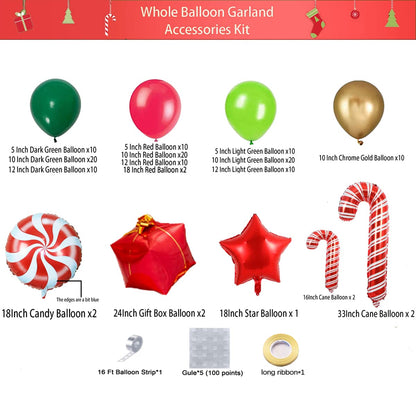 Bonropin Christmas Balloon Garland Arch kit with Xmas Red Gold Dark Green Balloon Fresh Green Balloon and Candy Balloons Gift Box Balloons Red Star Balloons Rich for Christmas Party Decorations