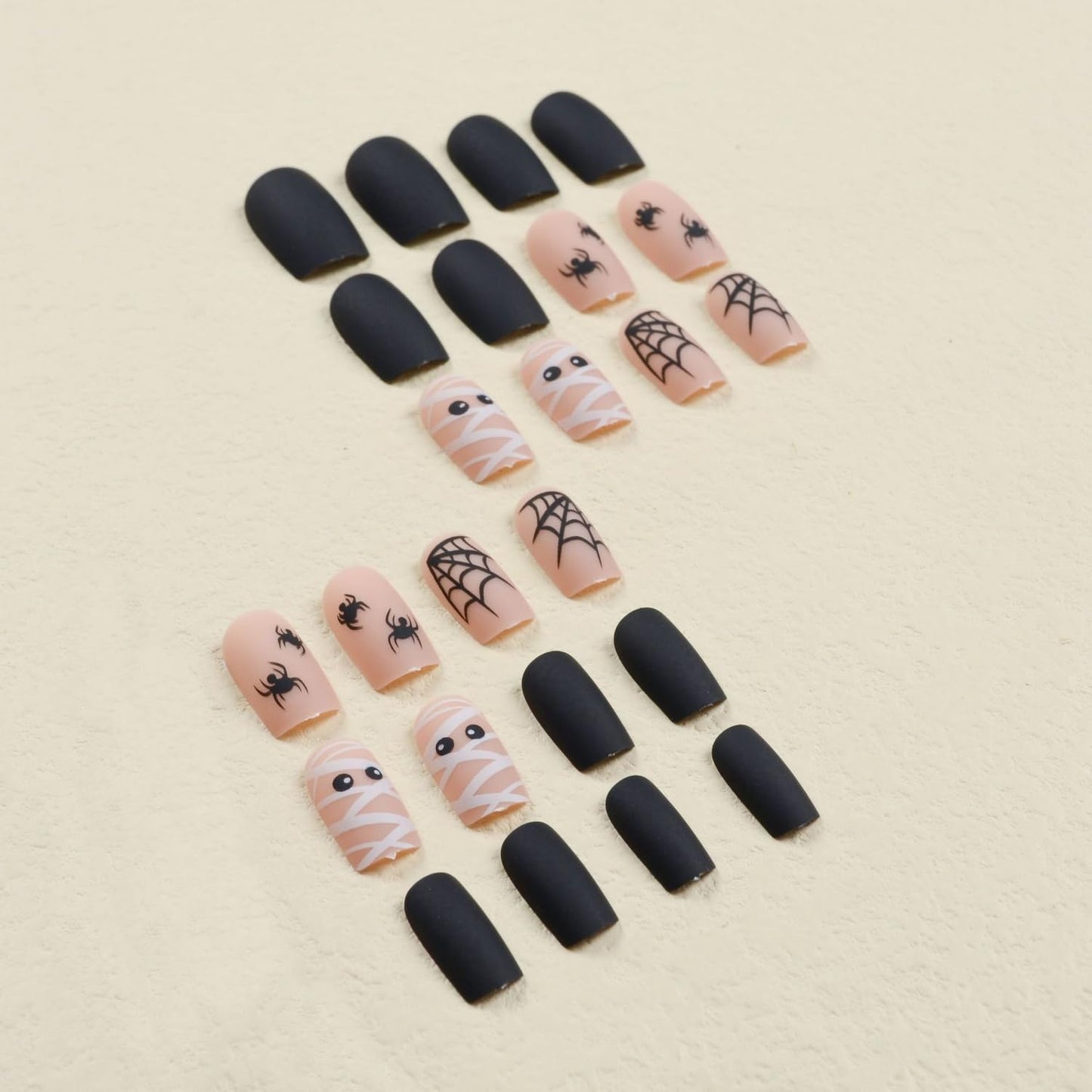 Halloween Press on Nails Square Short Fake Nails with Spiders Web Designs, Halloween Glue on nails for Women Girls, Matte Halloween Acrylic False Nails for Women