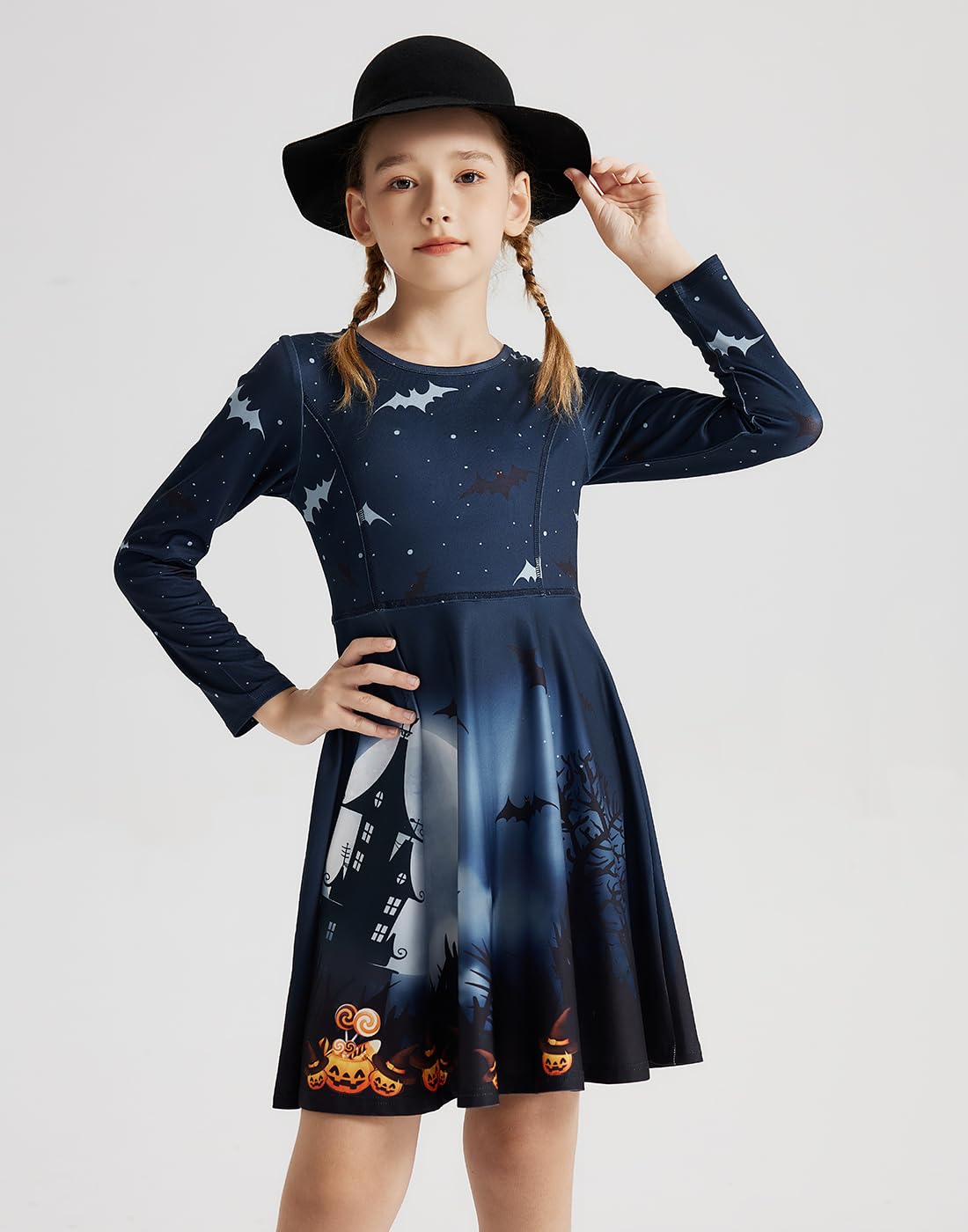 Quedoris Girls Twirly Printed Casual Party Long Sleeve Halloween Dress Bat Night L