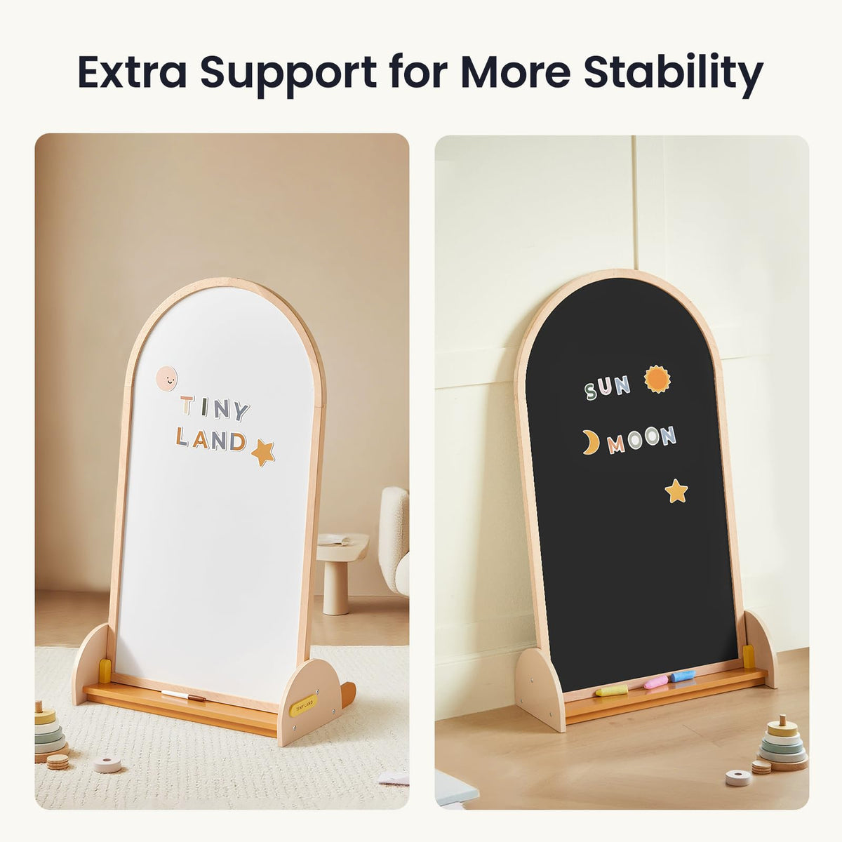 Tiny Land Kids Easel – Large 22"x40.5" Writing Area Double-Sided Magnetic Chalkboard & Whiteboard, Wooden Arch Drawing Board with Stand, Toddler Art Easel with Letters & Animal Magnets