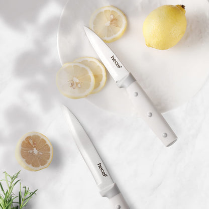 hecef Kitchen Knife Block Set, 14 Pieces Knife Set with Wooden Block & Sharpener Steel & All-purpose Scissors, High Carbon Stainless Steel Cutlery Set (Yellow)