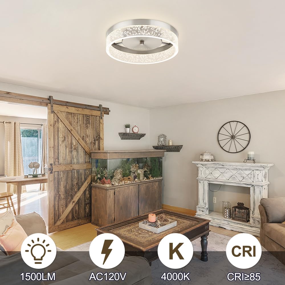 Bekada LED Flush Mount Ceiling Light Fixture, 12In Crystal Chandelier with Clear Bubble Acrylic, Modern Ceiling Lighting for Dining Room, Bedroom, Living Room, Kitchen, Brushed Nickel, 4000K Dimmable