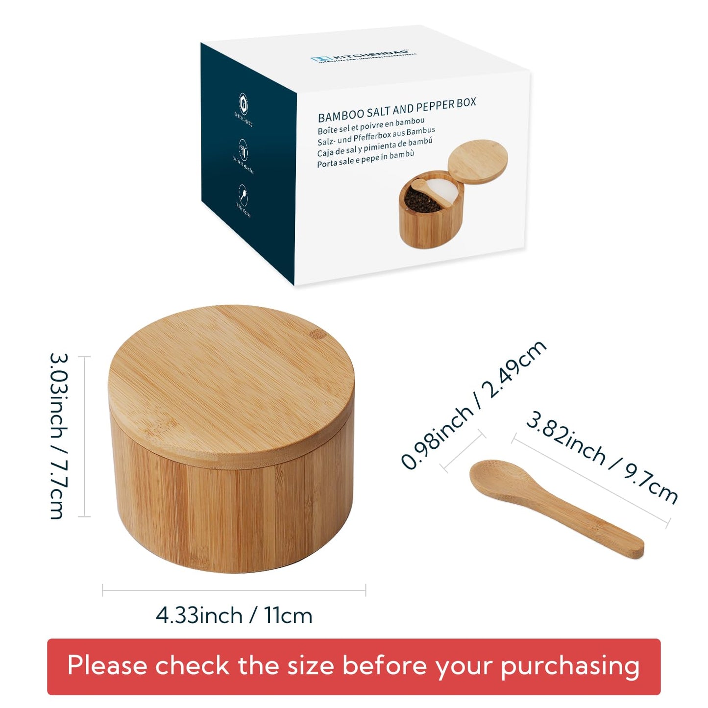 KITCHENDAO Bamboo Salt and Pepper Bowl Box Cellar, Built-in Spoon, Two Compartments Spice Seasoning Container, Sea Salt Cellar Holder, Magnetic Swivel Lid, Dual 5oz Capacity