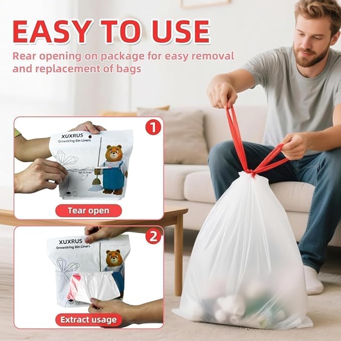 XUXRUS 2.6 Gallon Small White Trash Bag, Tear-Free Heavy Duty Garbage Bags