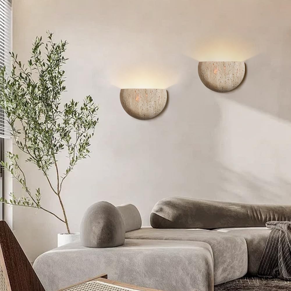 WOSBO Yellow Travertine Wall Sconce, 7.87" Wabi Sabi Light Fixture with Half Moon Natural Stone Lampshade Japanese Style Marble Wall Sconce Perfect for Kitchen Island Bedroom Living Room Farmhouse