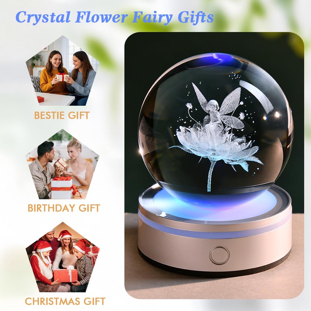 ZRENJHUS Fairy Gifts for Women 3D Fairy Crystal Ball Night Light Decorative Globe Gift for Girls with Lighting Base
