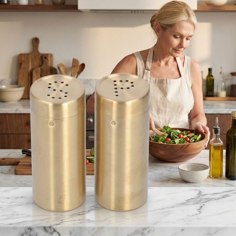 MOPFOL 2Pcs Stainless Steel Seasoning Jars - Golden Kitchen Salt and Sugar Shakers with Dispensing Control, Refillable Seasoning Bottles