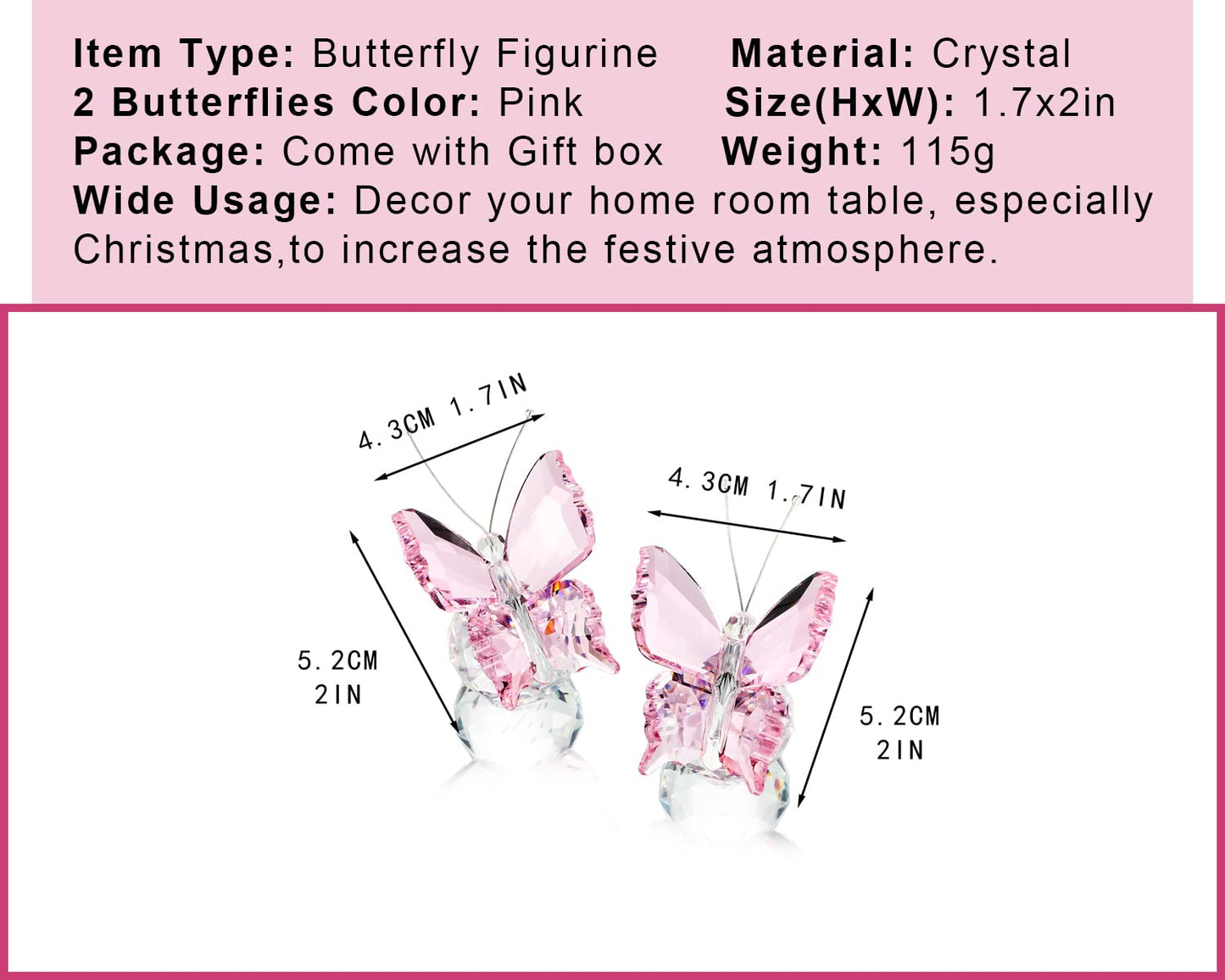 kanpura 2 Pcs Crystal Butterfly Figurines with Clear Glass Ball Base,Glass Butterfly Statues, Crystal Animal Figurines for Home Decor, for Women(Pink)