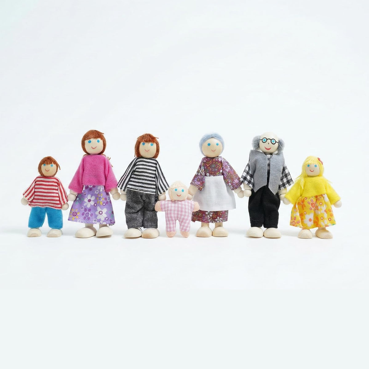 Sing2sky 7PCS Wooden Dollhouse Dolls for Playing House Gifts for Children, Wood, Articulated Pretend Play Figures, Smooth Splinter-Free Wood, Montessori Family Set - 4.5In (Classic)