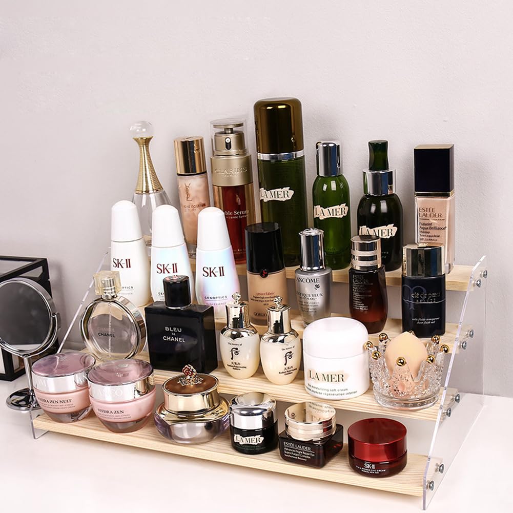 BeiHCain 2 Pack 4 Tier 12 Inch Acrylic Wooden Display Stand, Clear Acrylic Display Riser Shelf Wood Tiered Display Shelf Rack Step Ladder Riser Stands for Cupcakes Perfumes Figures Collectibles