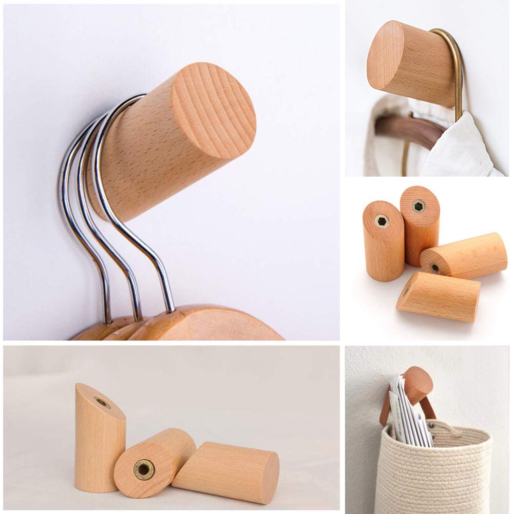 Felidio Wood Wall Hooks, 4 Pack Coat Hooks Mounted Rustic Wooden Heavy Duty Robe Hook Hat Rack | for Hanging Bathroom Towels Clothes Hanger (Beech Wood)