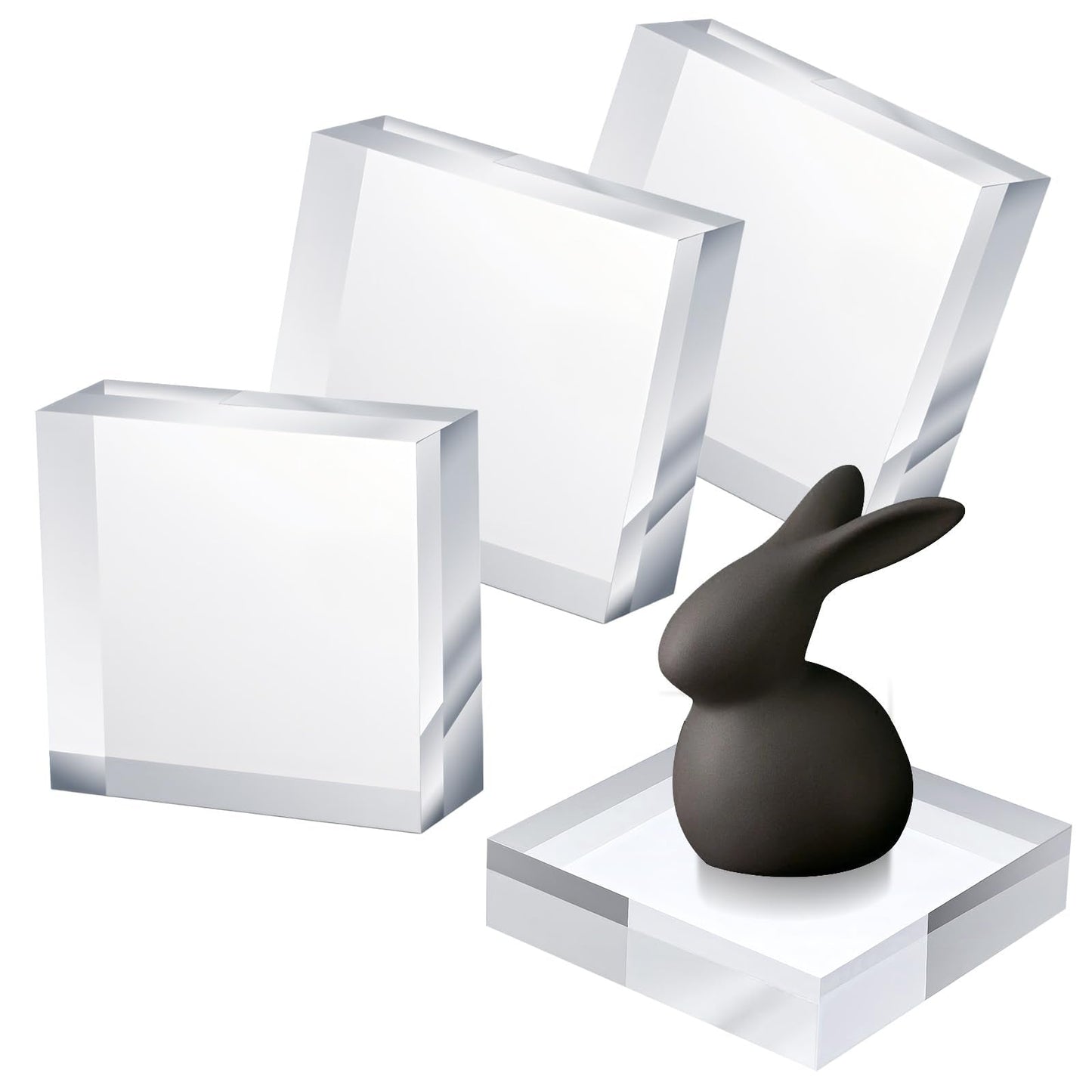 Xaajooio 4 Pcs Acrylic Display Block, 4 x 4 x 1 Inch Clear Polished Square Cube Riser Pedestal Stand for Jewelry Rings Cake Perfume Ornaments Collection