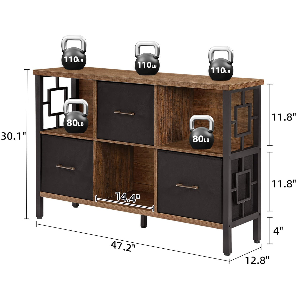 HOMISSUE 6 Cube Storage Organizer Shelf, Rustic Short Bookshelf with 3 Storage Bins, Industrial Horizontal Bookshelf with Metal Frame, Low and Wide Cube Bookcase for Living Room and Office, Brown