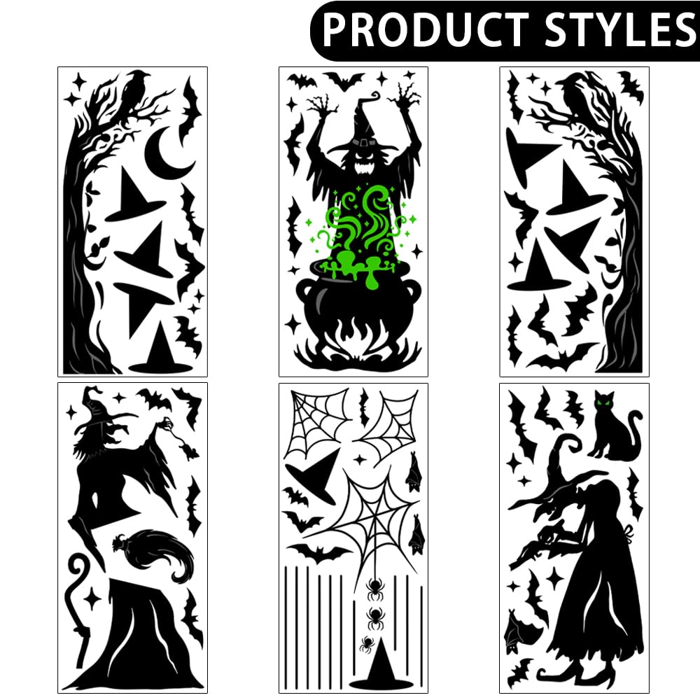 Vellibring Halloween Window Clings Decorations,Extra Large Double-Sided Reusable Decals Halloween Witches Bat Silhouette Stickers for Home Office School Glass Window Decor