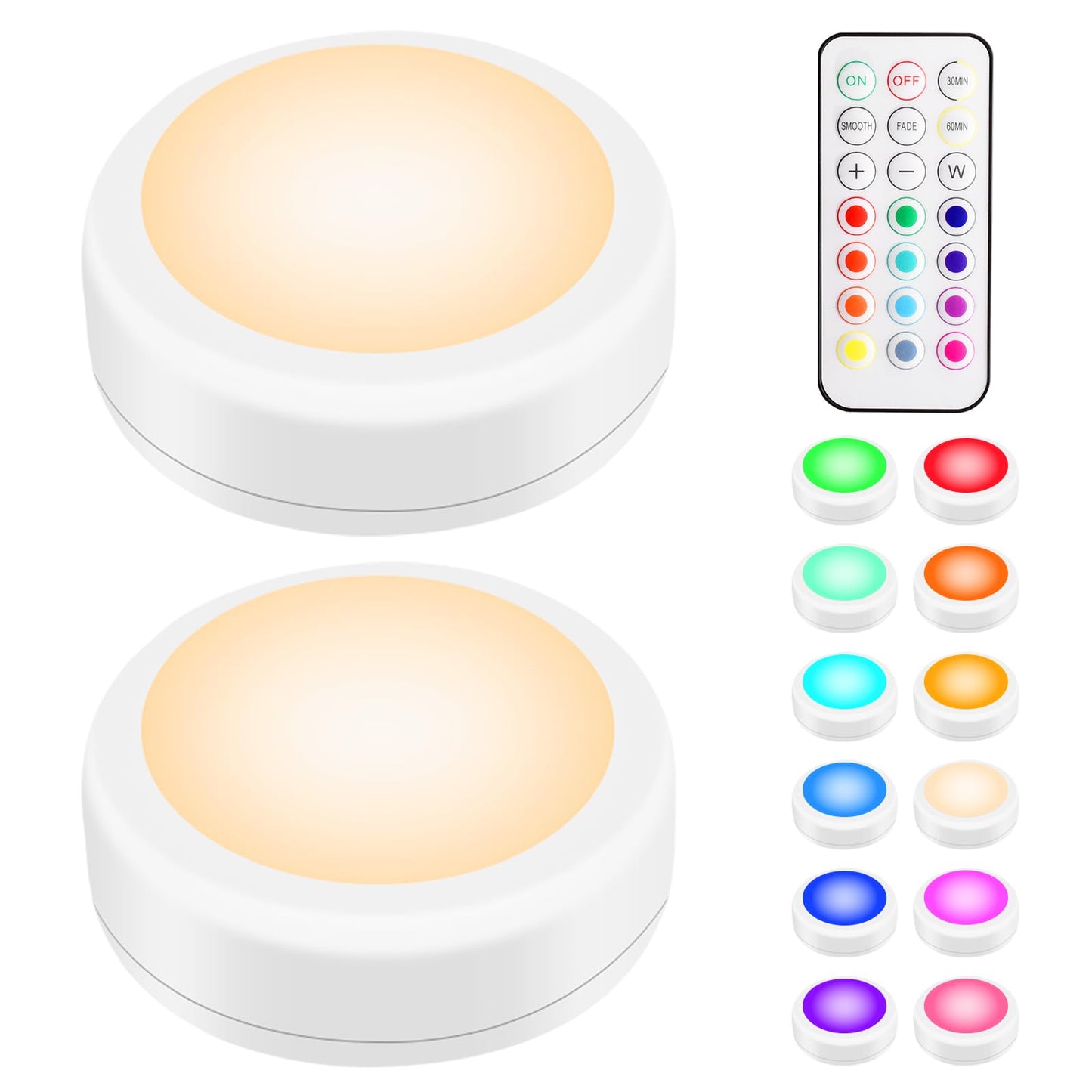BLS LED Puck Lights with Remote Control, Wireless Under Cabinet & Closet Lighting, RGB 13 Color Changing Lights with Dimmer, Timer & AA Battery Operated, Push, Touch, Stick on for Night, White, 2 Pack