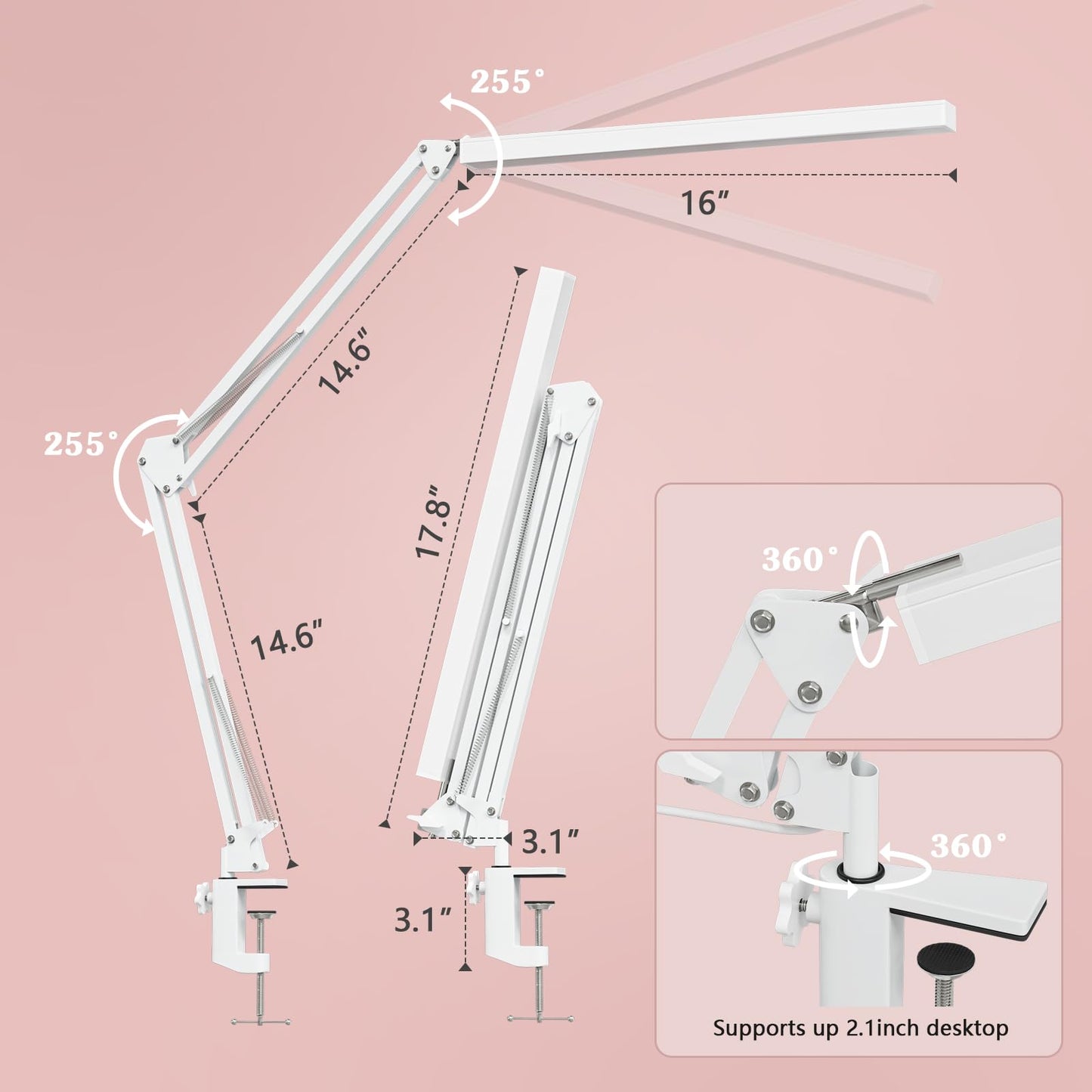 BZBRLZ LED Desk Lamp, Manicure Table Lamp, 16" Lamp Head, Dimmable Eye-Caring Drafting Light with 3 Color Modes, 10 Brightness Levels & Adapter, Memory Function(White)