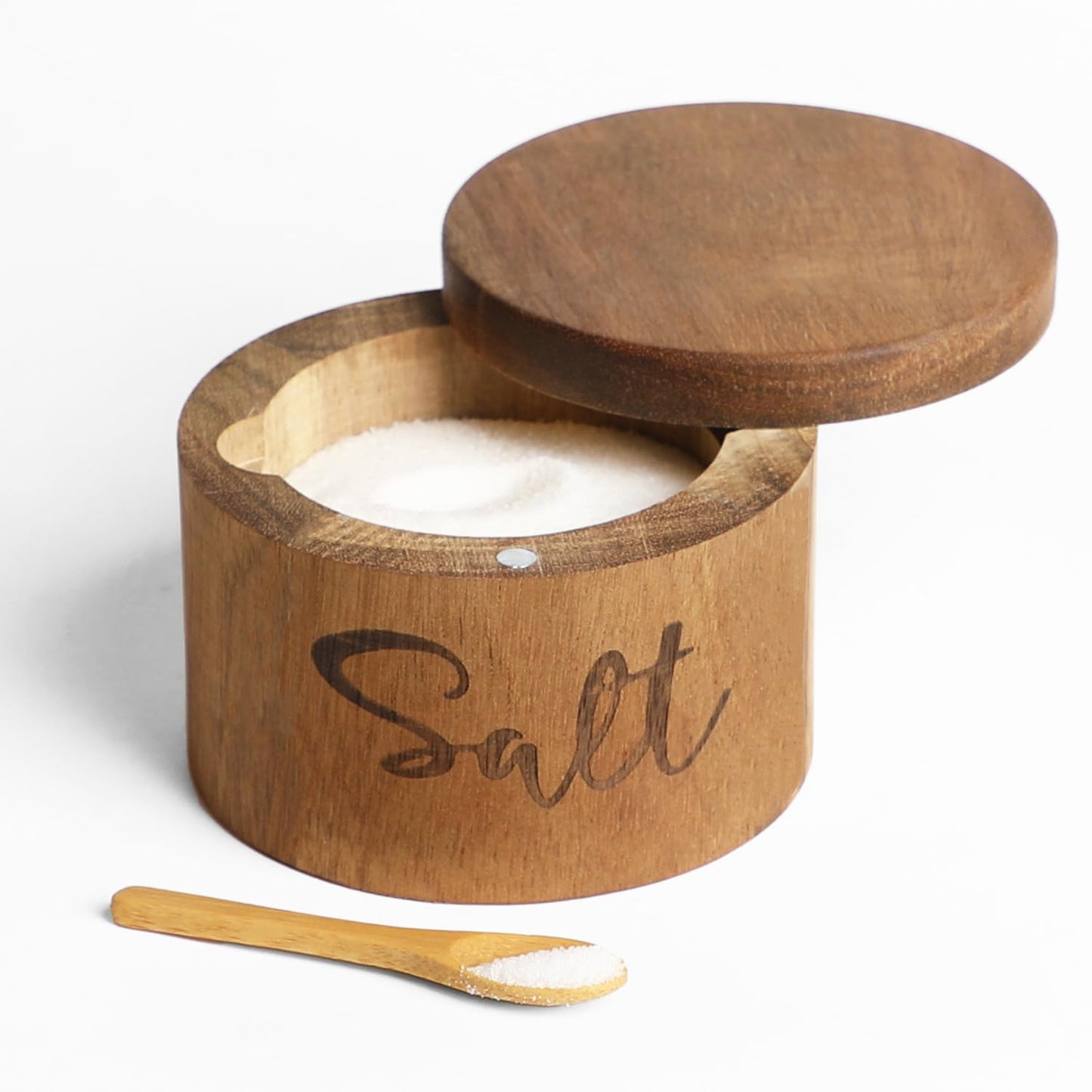 Acacia Wood Spice Boxs with Swivel Cover for Kitchen Countertop,Salt Keeper with Built-in Spoon,Modern Farmhouse Kitchen Decoror for Storing Seasonings (Labeled Salt)