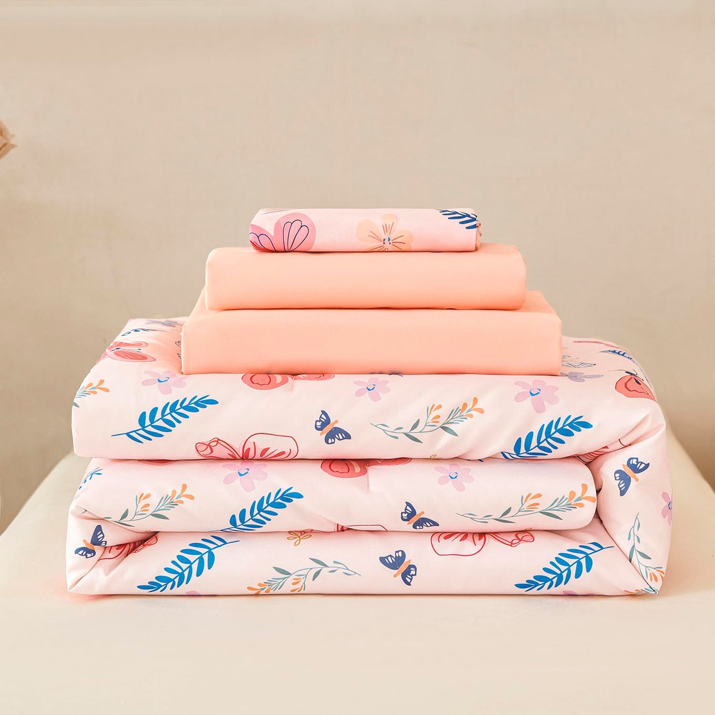 URBONUR Cute Butterfly Toddler Bedding Set for Girls, 4 Piece Bed-in-a-Bag Toddler Microfiber Comforter Sheet Set, Botanical Flowers Printed, All Season Easy Care