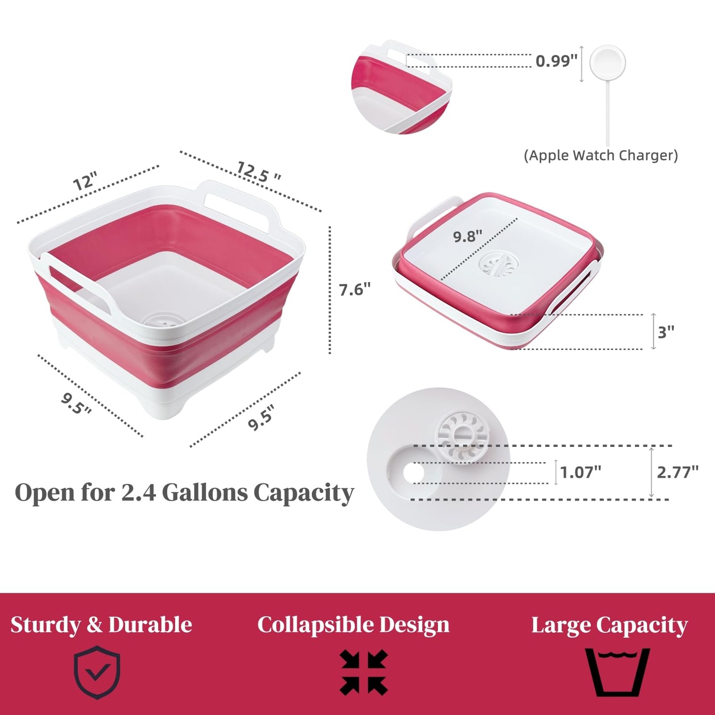 Collapsible Wash Basin for Baby Bottles - 2.4 Gallons Portable Wash Bin for RV Camping Sink, Space-Saving Dish Tub (Gray)