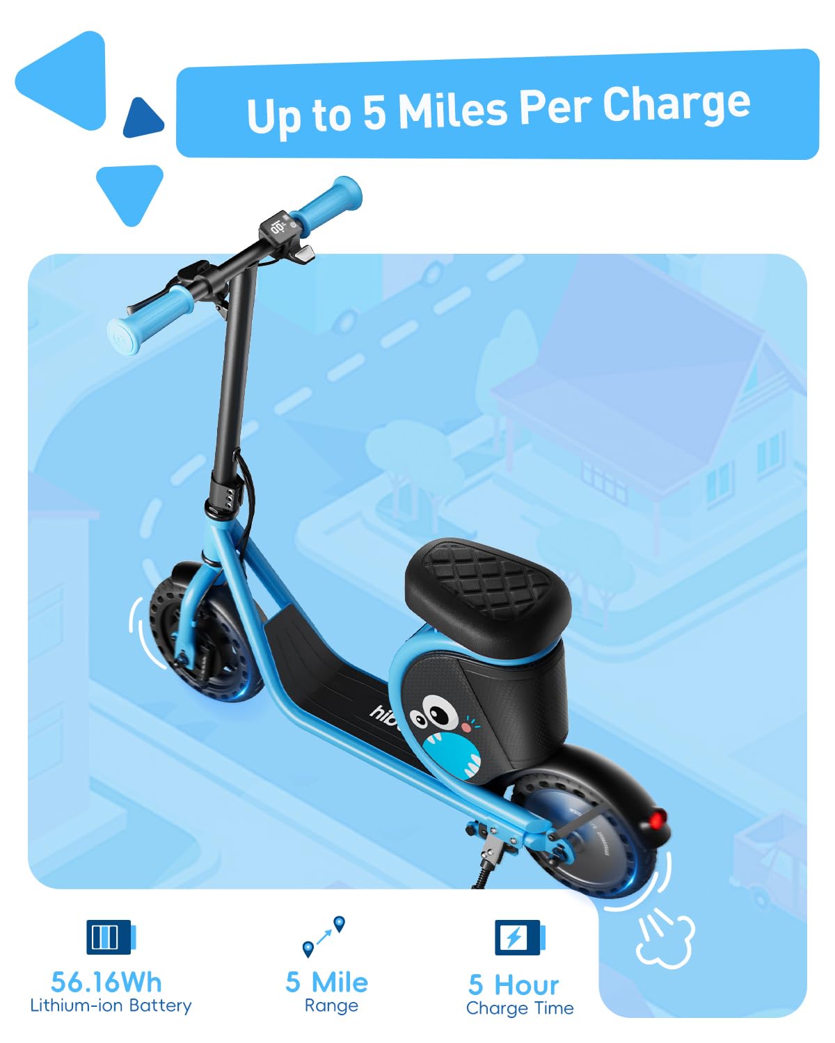 Hiboy JoyHaul Electric Scooter for Kids, Ages 4-10 – LED Neon Lights, 100W Brushless Motor, 56.16Wh Battery, Under-Seat Storage & Safety Brake, Blue