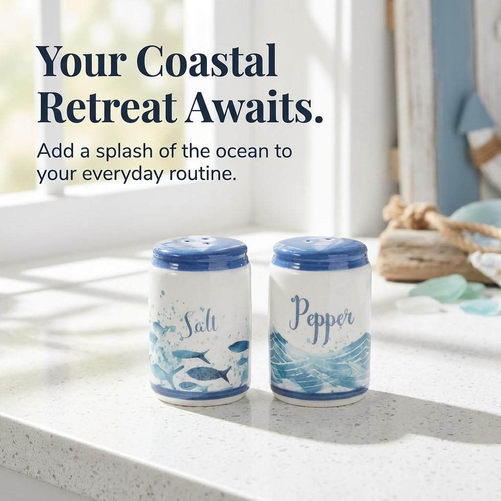 Beachy Blue Fish & Ocean Waves Ceramic Salt & Pepper Shakers