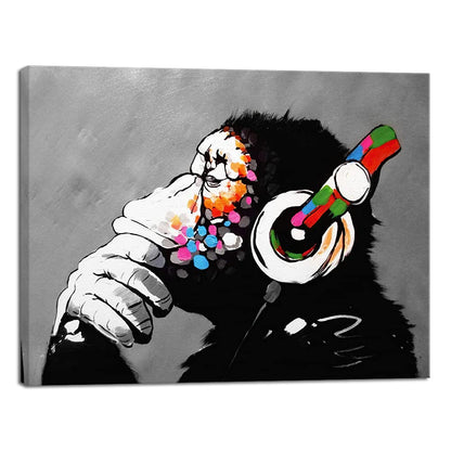 Wieco Art Black Framed Monkey With Headphones Banksy Graffiti Art Abstract Canvas Paintings Prints Animal Canvas Wall Art for Wall Decor and Home decorations Office Decor