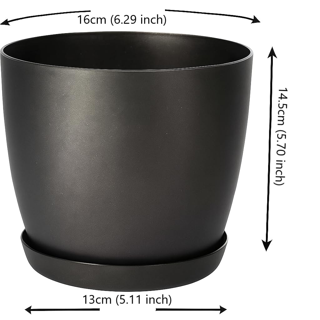 Home Garden Ornaments Plant Pots Indoor, Indoor Plant Pot - Decorative Flower Pots with Mat Surface and Plant Pot Saucer (Diameter: 16cm, Colour: Black)