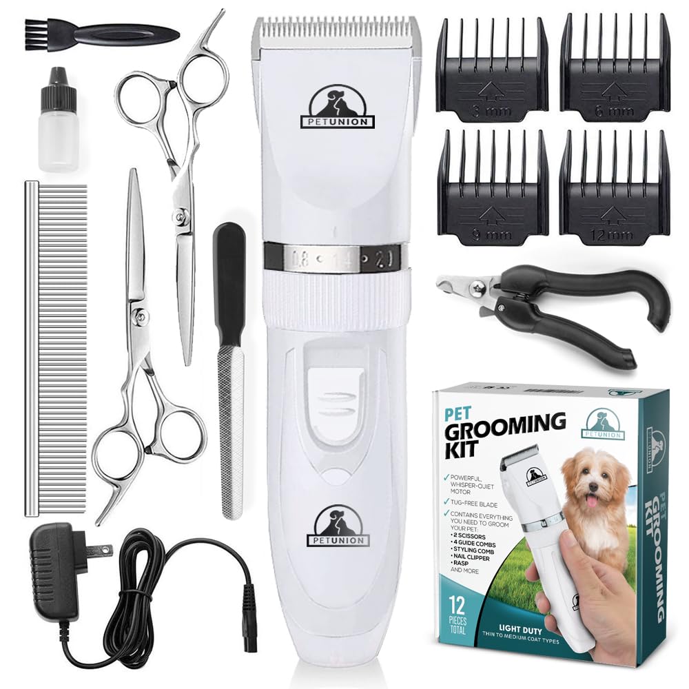 Pet Union Professional Dog Grooming Kit - Rechargeable, Cordless Pet Grooming Clippers & Complete Set of Dog Grooming Tools. Low Noise & Suitable for Dogs, Cats and Other Pets (White)