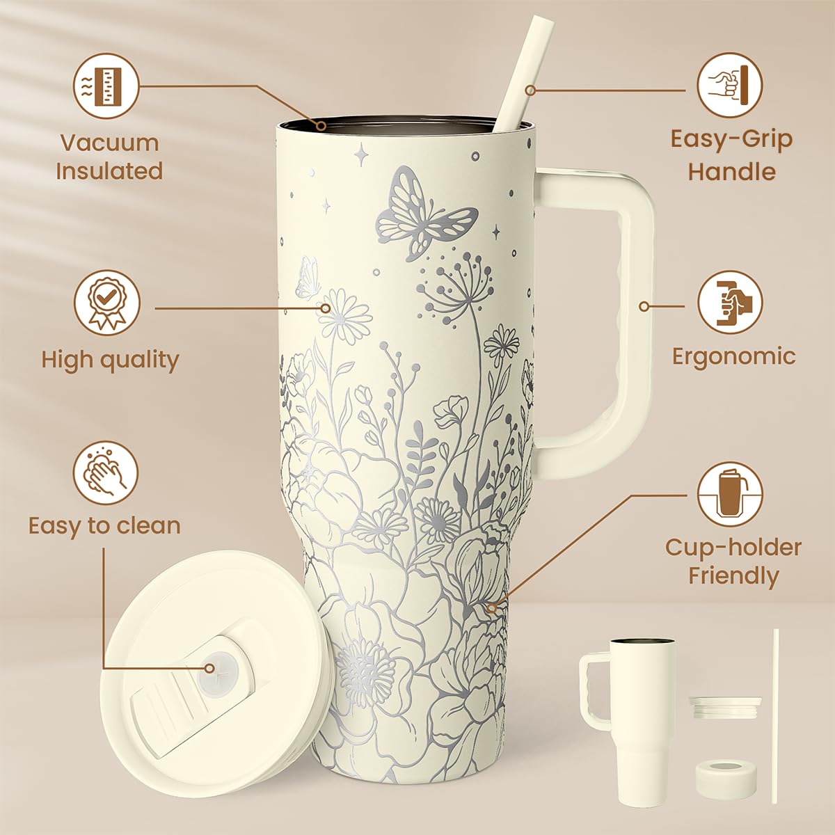 SANDJEST Floral Tumbler with Handle 40oz, Stainless Steel Insulated Tumblers Coffee Travel Mug Cup with Straw, Flower Coffee Cup Gifts for Women Girls, Gift for Her on Christmas Birthday Mothers Day