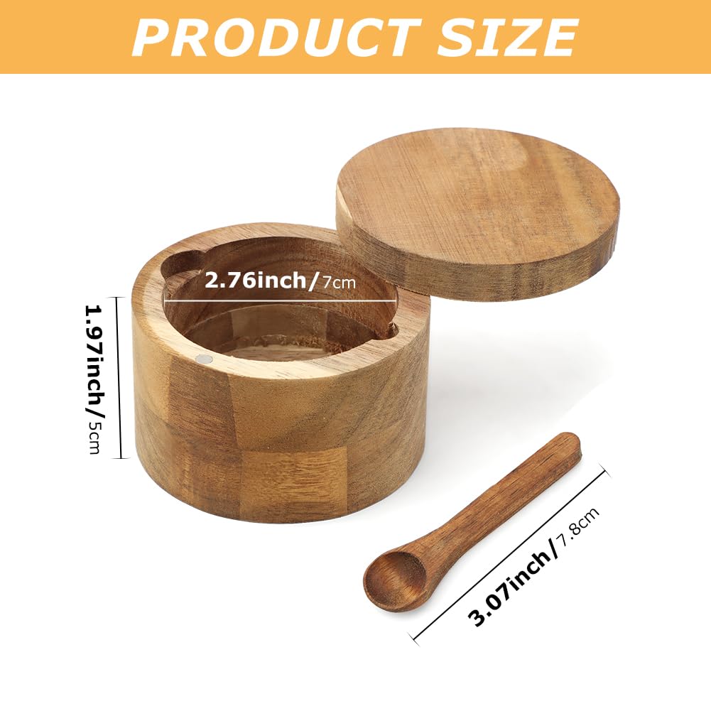 Velarionna Salt Cellar with Spoon – Wooden Acacia Bowl, Magnetic Lid for Pepper & Spices