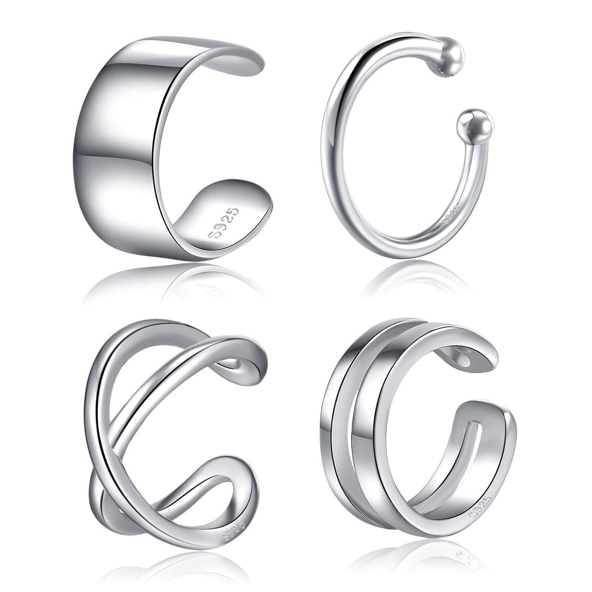 Ear Cuffs 925 Sterling Silver Fake Ear Cuffs Non Piercing Ear Conch Clip on Cartilage Earrings for Women Men | 4 Various Styles