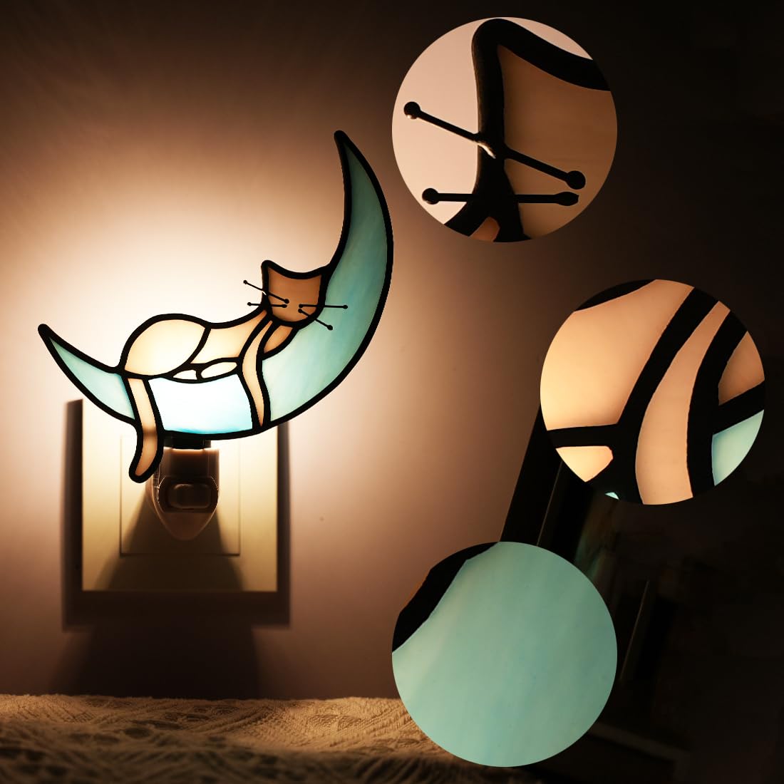 BOXCASA Cat on Moon Decor Stained Glass Night Lights Plug Into Wall Decorative,Night Light Plug in Decor for Children's Room Kitchen Toilet Bathroom,Cats Themed Gifts for Women Cat Lover