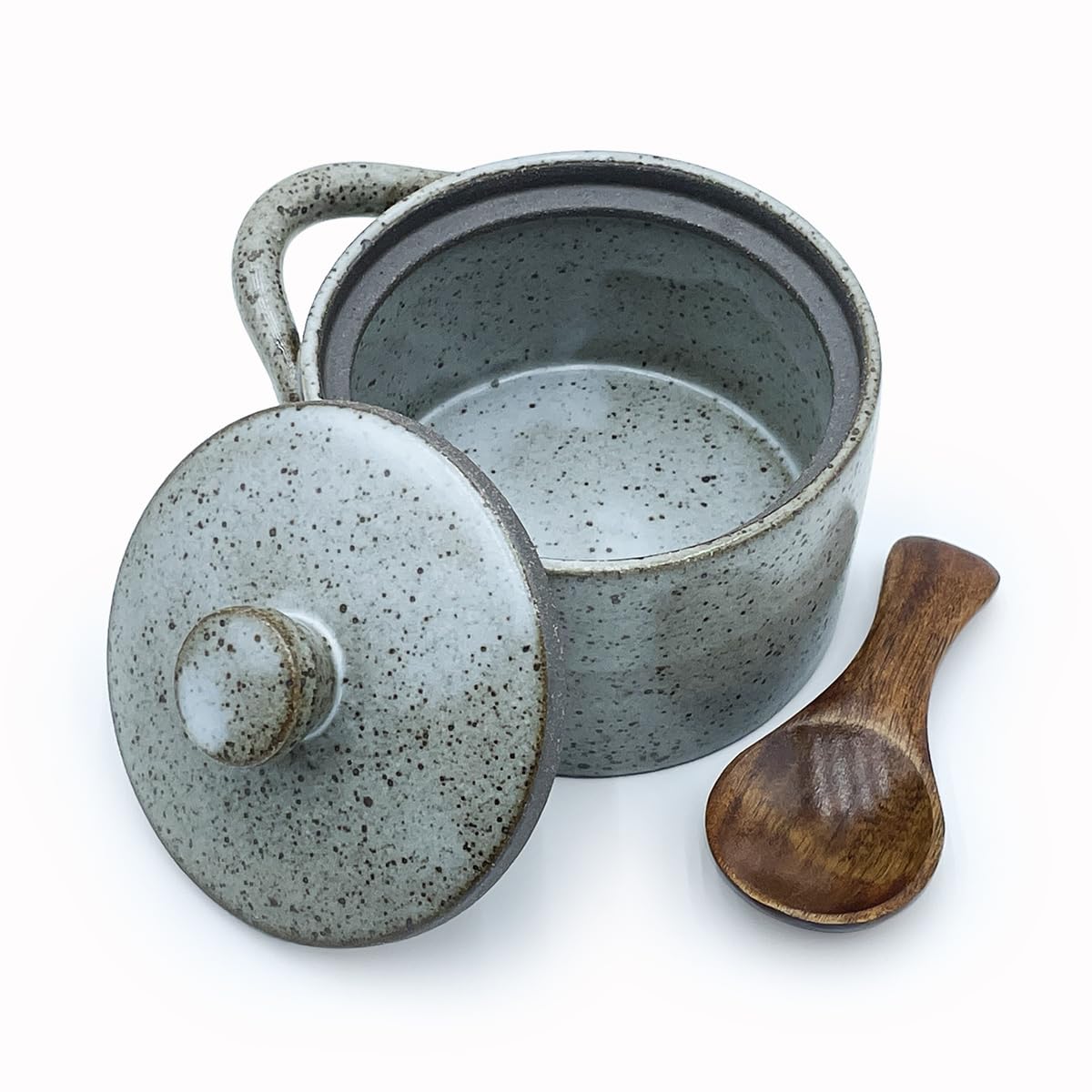 YILUSHENGHUA 8 oz Ceramic Salt Cellar with Lid & Wooden Spoon,Countertop Salt Container,Sugar Bowl,Spices Jar| Artisan Kitchen Decor(Gray)
