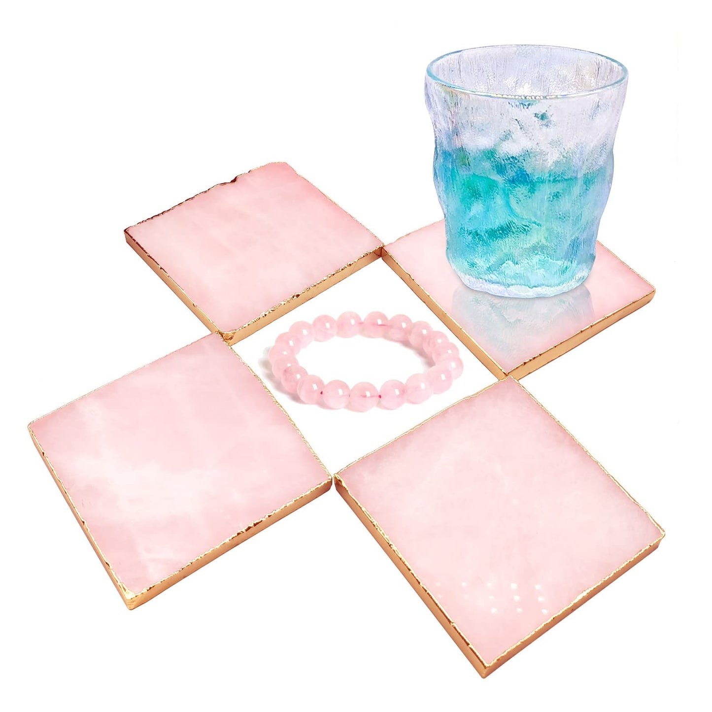 Rose Quartz Decor Coaster, Natural Pink Crystal Coasters Gold Edge Set of 4 (Square 3.5''-4)