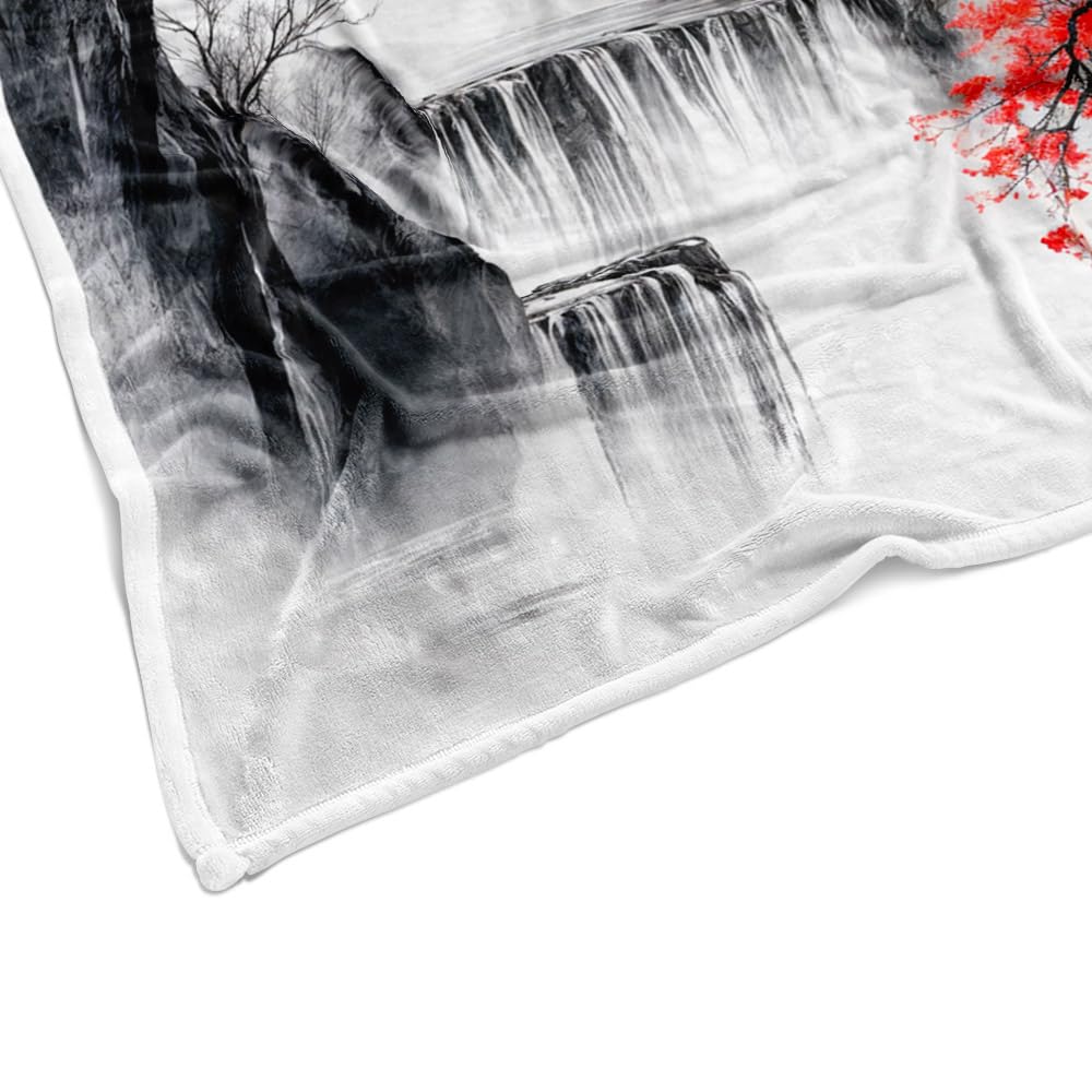 DYNH Japanese Cherry Blossom Blanket, Asian Nature Landscape Throw Blanket, Mountain Cherry Branches Red Sun Ink Painting Soft Warm Flannel Black White Grey Blanket,50X60