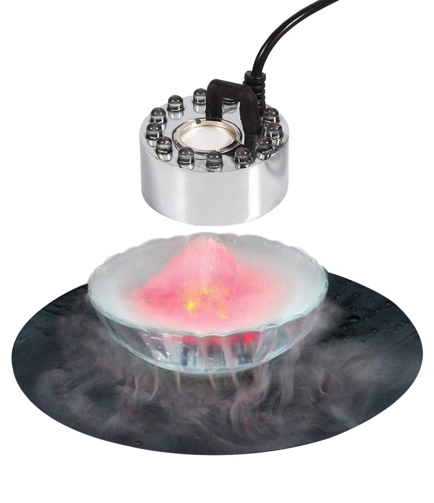 Halloween Party Mist Maker,Ultrasonic Water Pond Fountain Fogger 9 LED Red Yellow and Blue Light Flashes Aluminum Atomizer Air Humidifier for and Rockery Fish Tank Vase Birdbath Deco