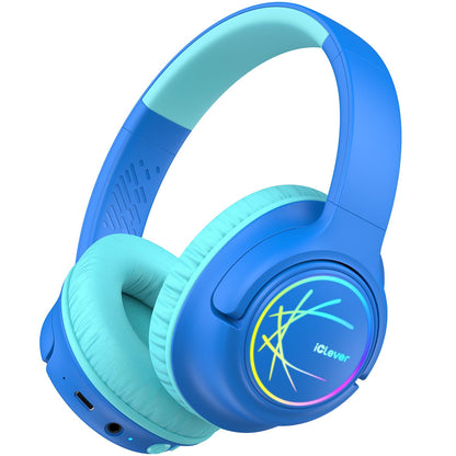 iClever Kids Wireless Headphones with LED Lights, BTH18 Safe Volume 74/85dBA, 43H Playtime, Stereo Sound, Type-C, AUX Cable, Bluetooth5.3 Over Ear Kids bluetooth Headphones for Tablet/Travel