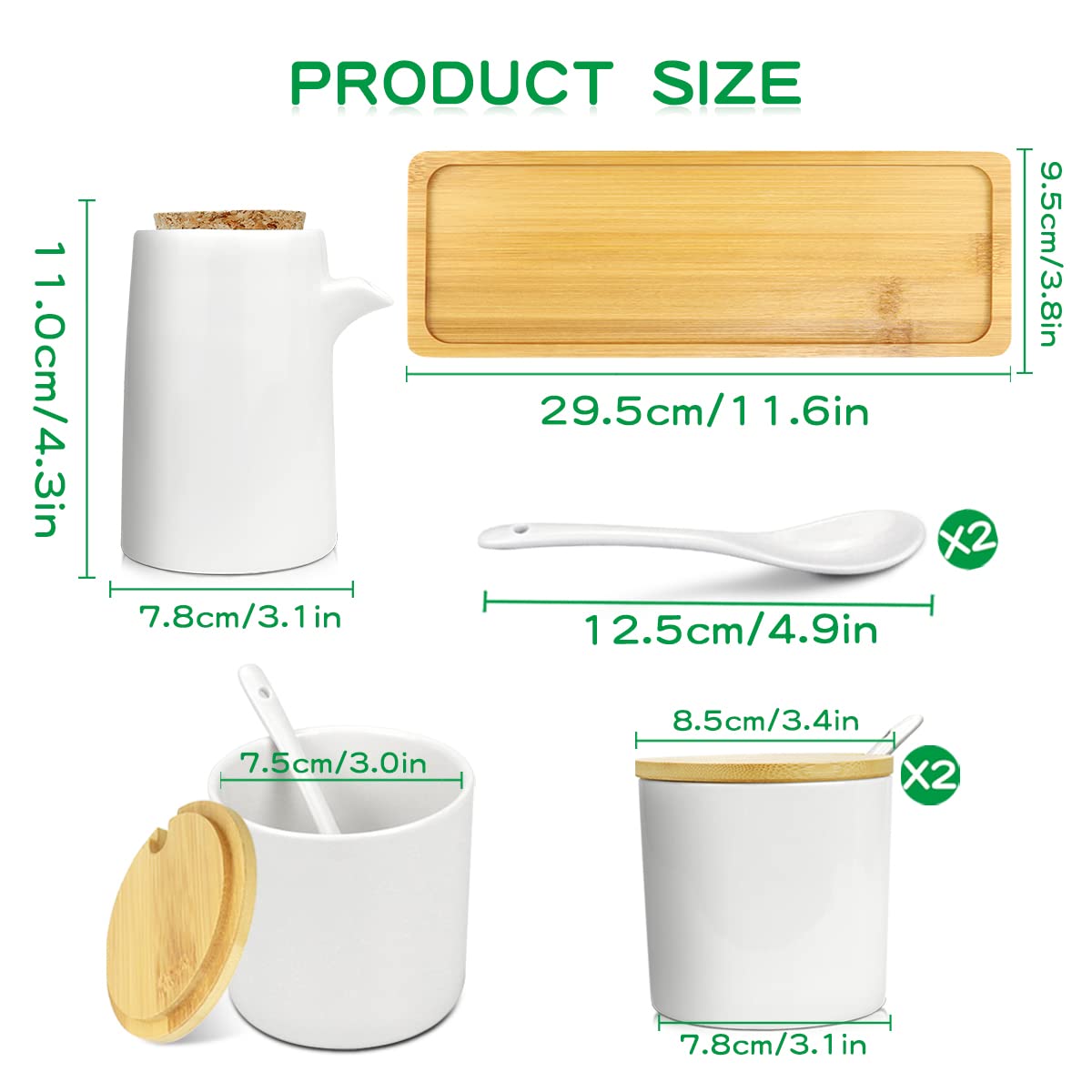 DOERDO 3 in 1 White Ceramics Oil Dispenser Bottle, Sugar Salt Condiment Storage Jar, Liquid Condiment Storage Can with Spoons and Tray for Kitchen Cooking, 250ML
