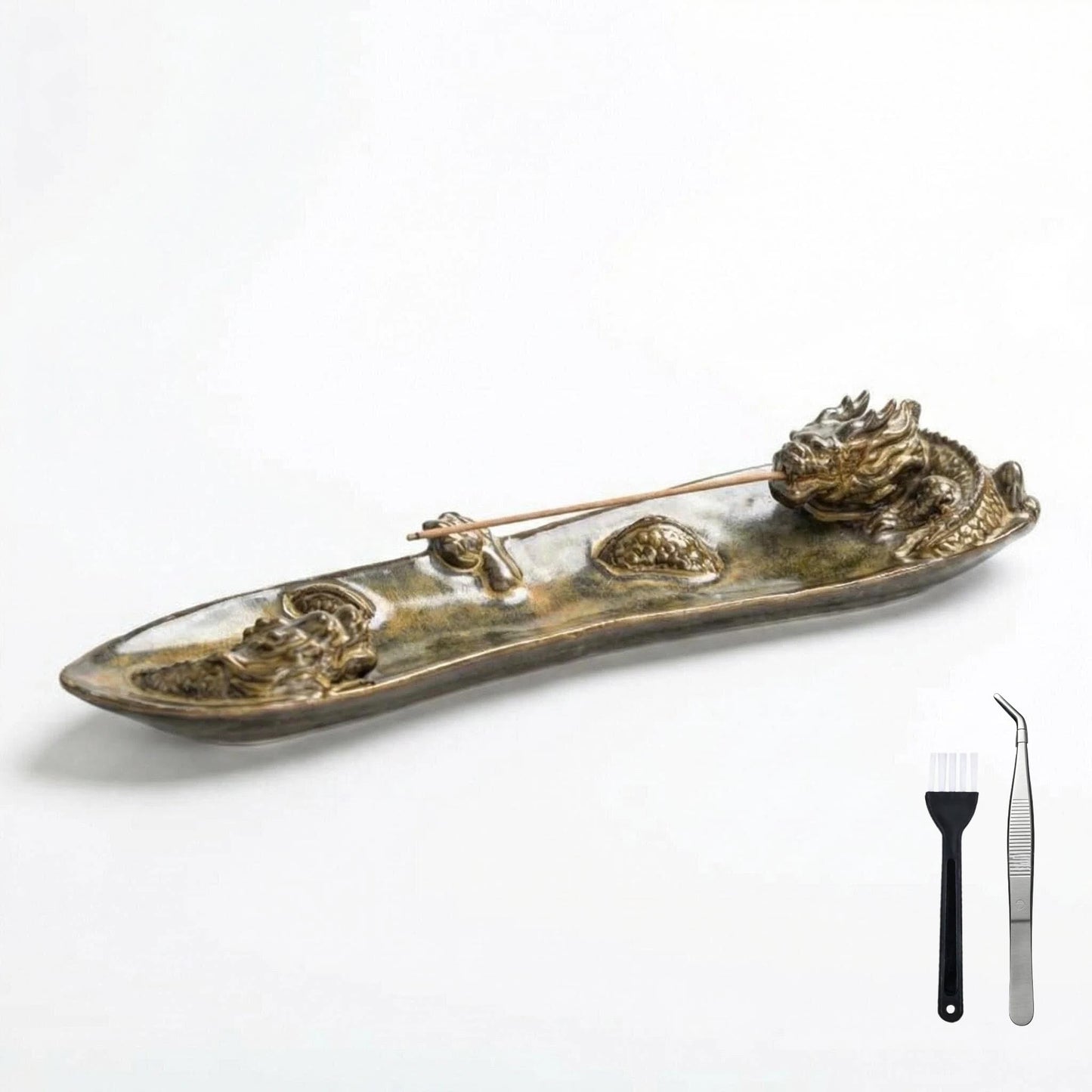MENORISK Incense Holder for Sticks, Chinese Dragon Ceramic Incense Holder with Tweezer & Brush – Zen Home Decor for Meditation, Yoga, or Tea Ceremony