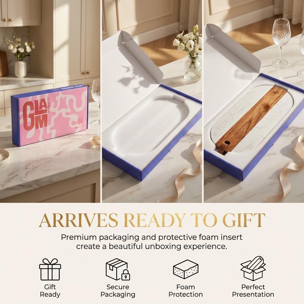 Marble & Acacia Wood Charcuterie Board, Cheese Board, Serving Platter & Appetizer Tray with Leather Strap, Marble Cheese Board for Entertaining, Housewarming Gift, Wedding Gift for Couples