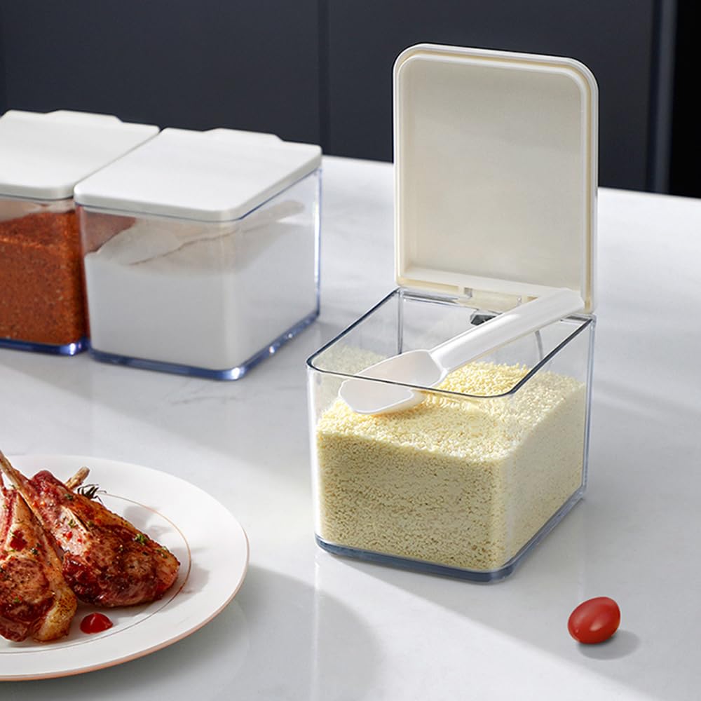 Salt Container With Lid And Spoon, Clear Seasoning Rack Spice Pots, 3 Piece Seasoning Box For Home Kitchen Café Storing Salt Sugar Pepper Spice (3 Pieces)