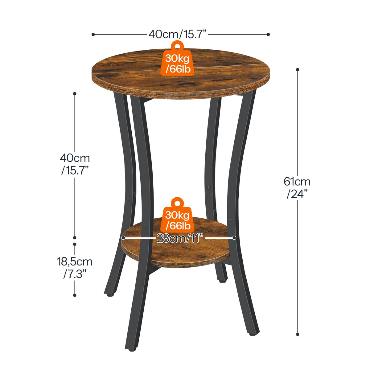 HOOBRO Round Side Table 15.7", 2-Tier Sofa End Table, Small Storage Nightstand, for Small Spaces, Living Room Bedroom Accent Table, Rustic Brown and Black BF180BZ01