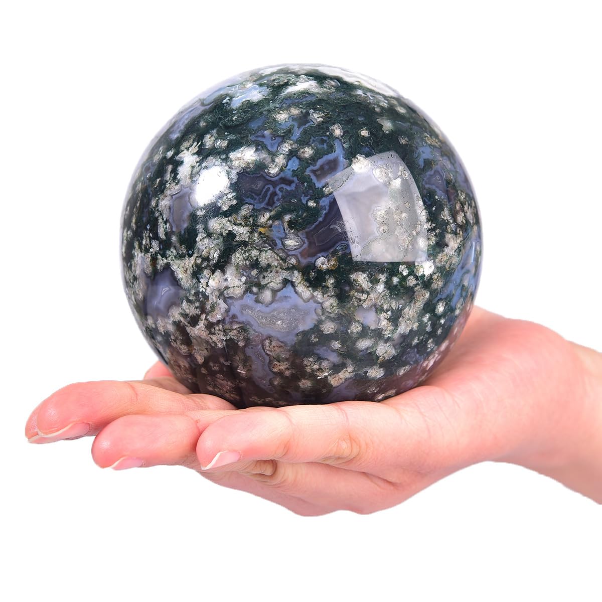 MOGEMT Large Moss Agate Crystal Sphere Natural Healing Crystal Ball with Stand Meditation Decorative Balls Home Decor 90-100mm/3.5-3.9"