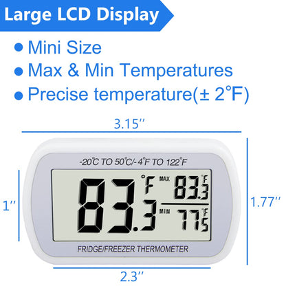 Refrigerator Thermometer Digital Fridge Freeze Room Thermometer Waterproof Large LCD Display Max/Min Record Function, White