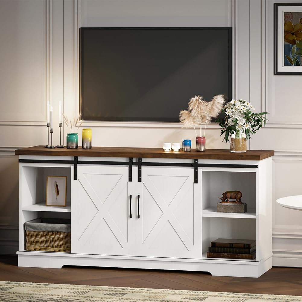 IDEALHOUSE Farmhouse TV Stand, Entertainment Center for 65 Inch TV Media Console Table, White Barn Door TV Stand with Storage and Shelves, Modern TV Console Cabinet Furniture for Living Room