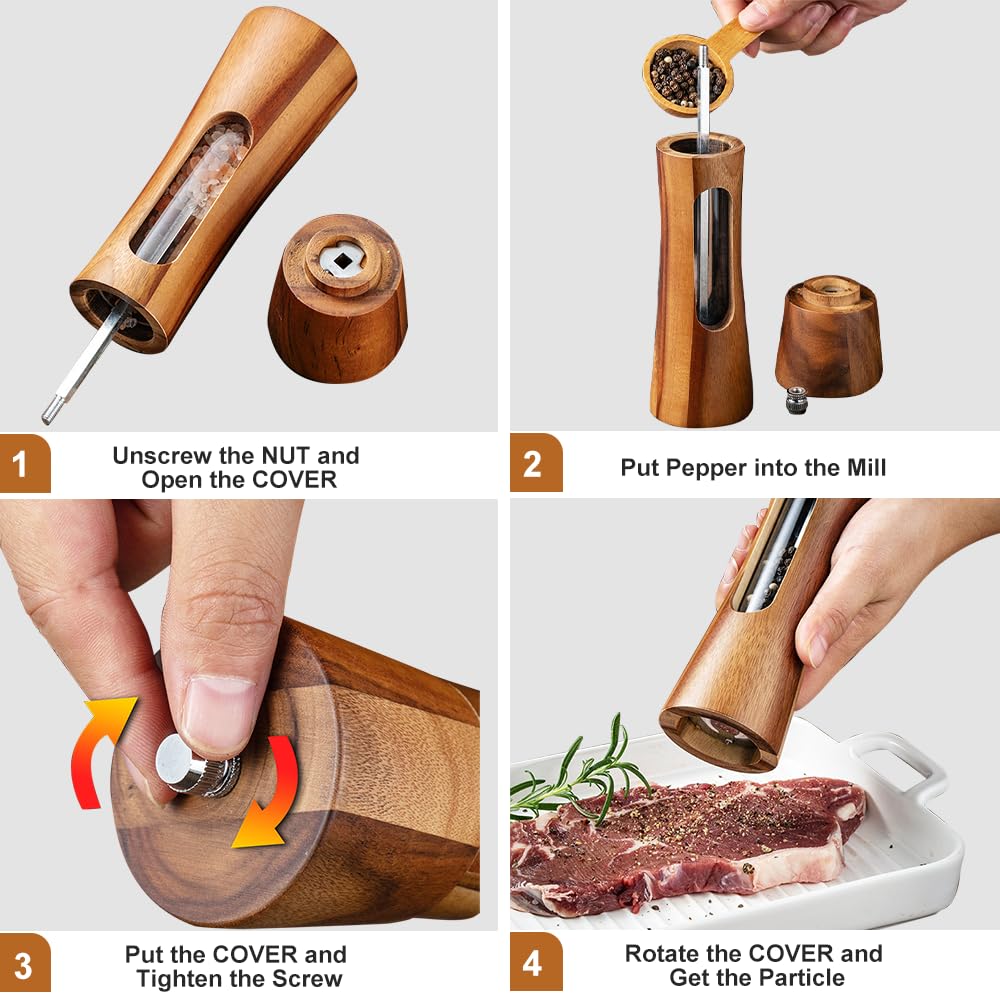 Wooden Salt and Pepper Grinder Set with Tray, 8 Inch Manual Salt & Pepper Shakers with Adjustable Coarseness, Salt and Pepper Mills