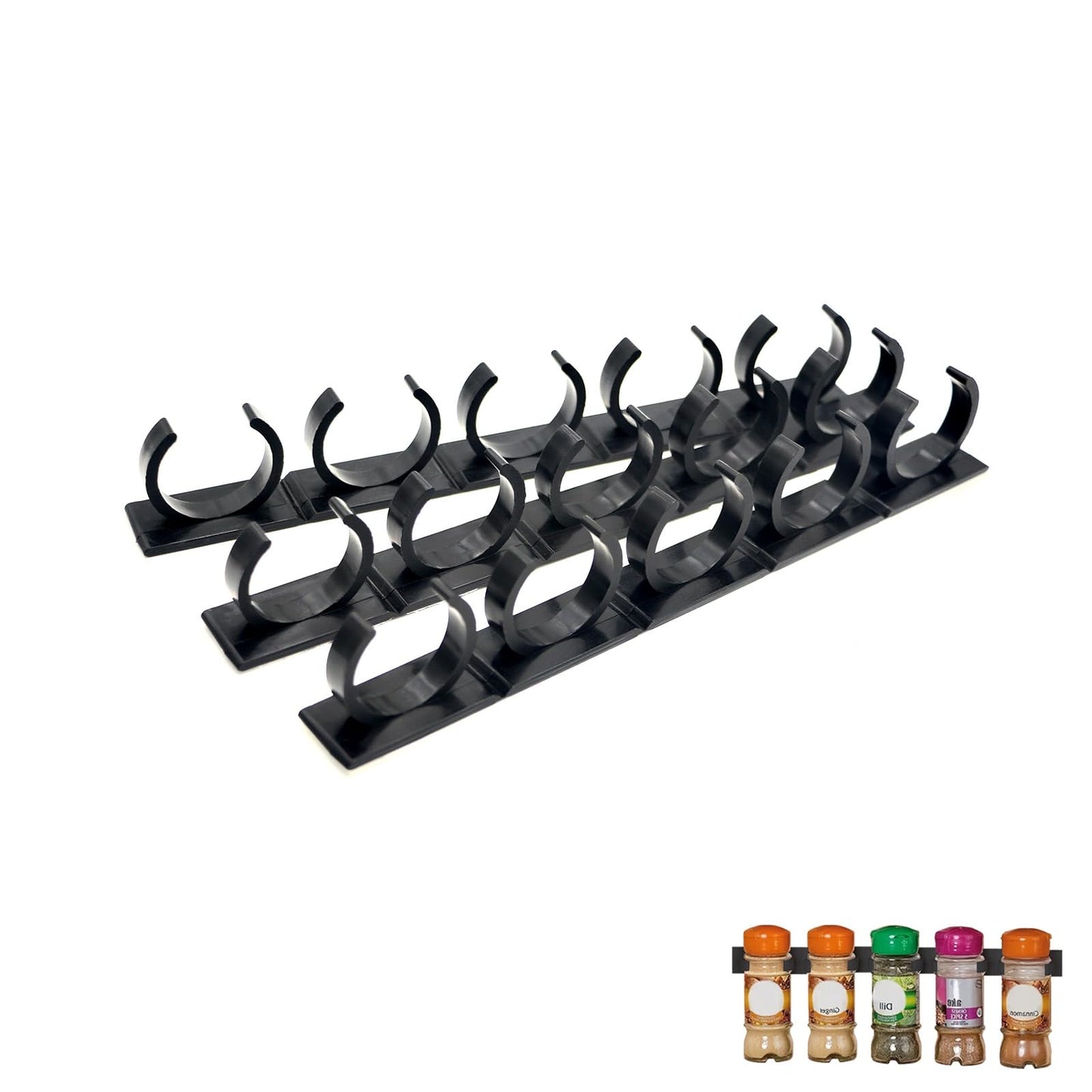 Adhesive Spice Clips 3-Pack, Heavy-Duty Spice Organizer for Cabinet Doors, Pantry & RV, Space-Saving Kitchen Storage with Tape, Holds 15 Jars (Black)