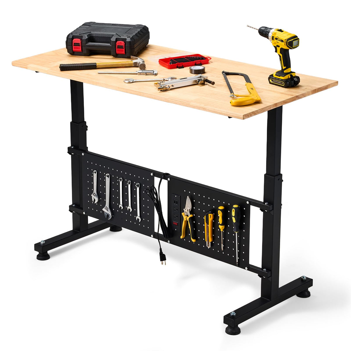 GVGBUK 48 Inch Adjustable Height Workbench, 1500 LBS Capacity Garage Work Table with Power Outlets, USB Ports & Pegboard, Solid Wood Top Work Bench for Workshop, Office, Garage